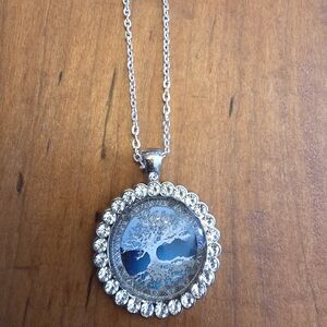 Silver Tone Rhinestone Bezel With Tree Of Life - 22" Adjustable Chain Necklace